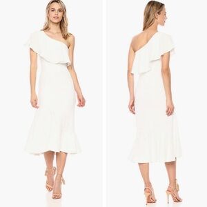 Dress the Population Raquel One Shoulder Ruffle Mermaid Midi Dress SM White USA